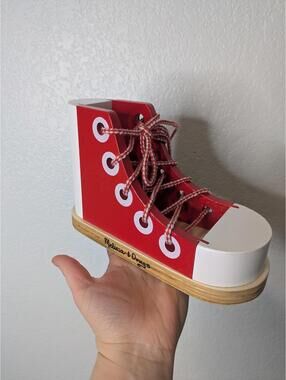 Melissa & Doug Wooden Lacing Shoe Toy Red White Kids Learning Tie Practice